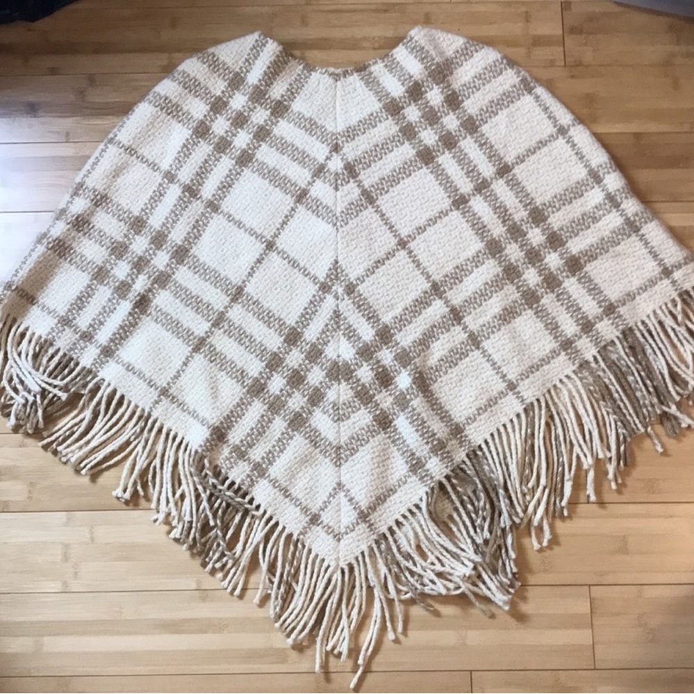 Burberry Plaid Fringe Cashmere Wool Poncho